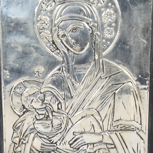 313 - A handmade sacred image silver-fronted Greek icon, 17 x 24cm