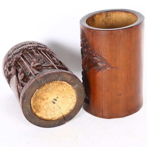 329 - 2 similar Chinese carved bamboo brush pots, largest height 16cm, diameter 10cm (2)