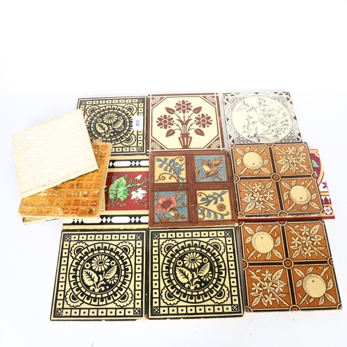 330 - A quantity Victorian transfer printed and block printed tiles, including several hand coloured tiles... 