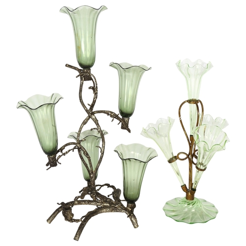 337 - An early 20th century base metal epergne, with green glass trumpets, H40cm, 1 glass trumpet is missi... 