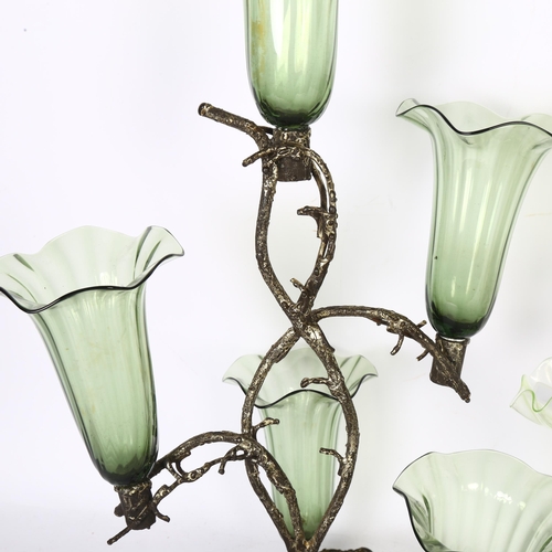 337 - An early 20th century base metal epergne, with green glass trumpets, H40cm, 1 glass trumpet is missi... 