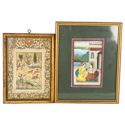 344 - A Mughal painting of a hunting scene, 15 x 21cm, and a second painting of a couple drinking