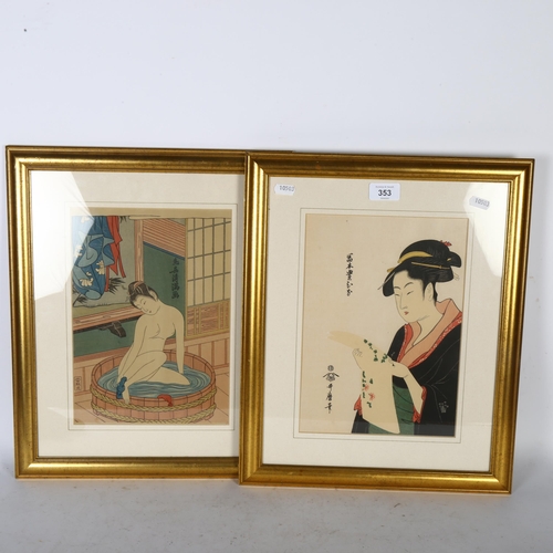 353 - 2 similar framed glazed Japanese woodblock prints, of the female form, 36 x 43cm