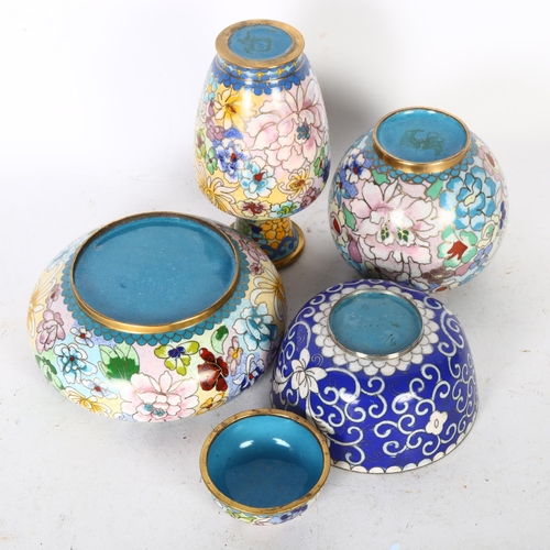 356 - 4 pieces of cloisonne, including a silver wired blue bowl, and a gilt flowered vase, H13cm etc (4)