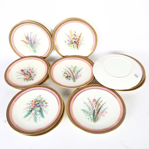 357 - 16 Worcester dessert plates, pink/gold rims, hand painted flower centres, faint impression mark date... 