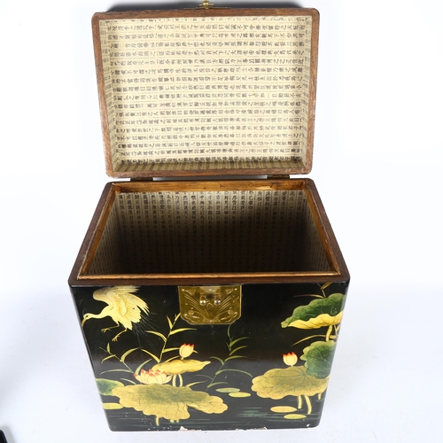 399 - An Oriental lacquered wooden box, with bird and waterlily decoration, H43cm