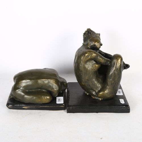 416 - A bronzed ceramic sculpture, depicting a crouching nude, on wooden plinth, L18cm, and a seated nude ... 