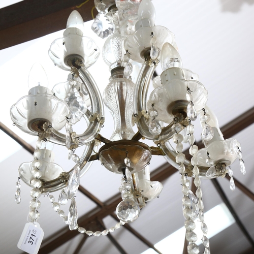 431 - A Vintage 5-branch glass chandelier, with strands of lustres and drops, approx diameter 37cm