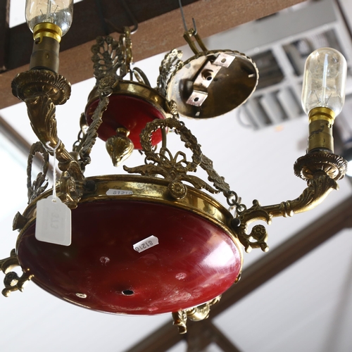 433 - An unusual brass chandelier with 4 branches, approx 40cm across