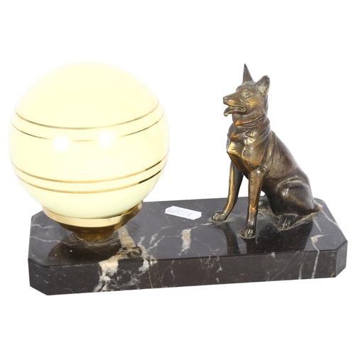 472 - A French Art Deco lamp with Alsatian figure, on marble base, L20cm