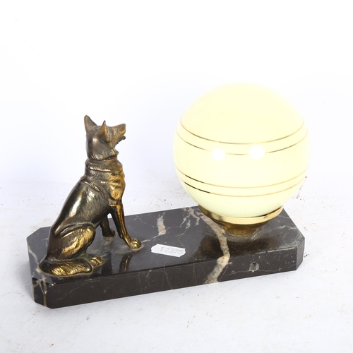 472 - A French Art Deco lamp with Alsatian figure, on marble base, L20cm