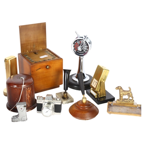 473 - Various desk items, including a leather-covered string dispenser, H7.5cm, a perpetual calendar, tabl... 