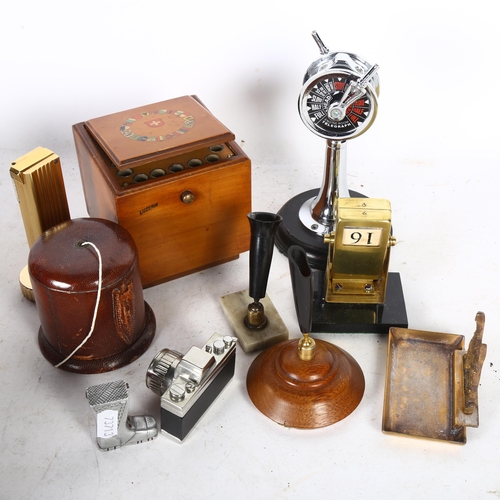 473 - Various desk items, including a leather-covered string dispenser, H7.5cm, a perpetual calendar, tabl... 