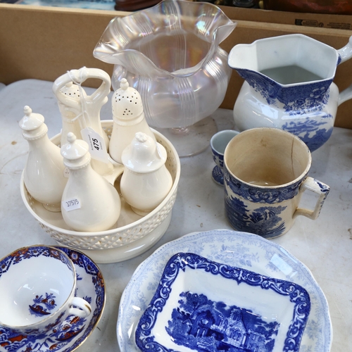 475 - Cream Ware cruet, lustre glass vase, Wood's blue and white jug, 16.5cm, Chinese cups and saucers, Wo... 