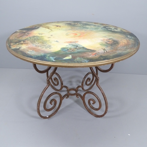 2201 - A late 20th century painted table on wrought iron base, in the Hollywood Regency manner, the top fin... 