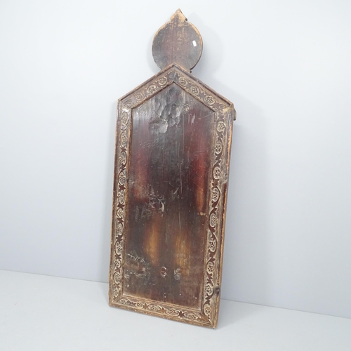 2204 - An antique oak Himalayan prayer board, with chip carved decoration. 62x158x14cm