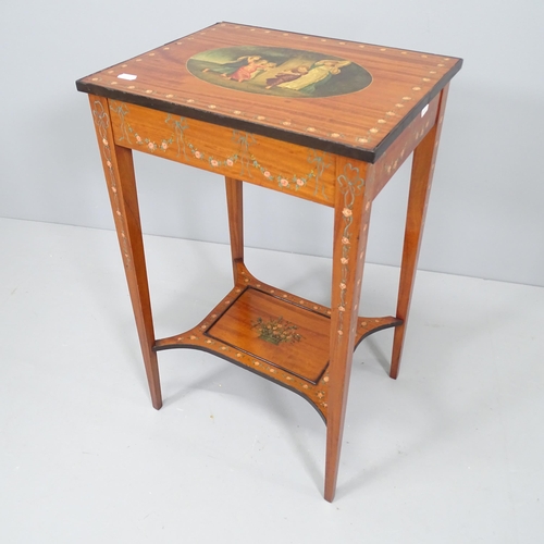 2207 - A mahogany Arts & Crafts style two-tier side table with painted figural decoration. 40x68x32cm