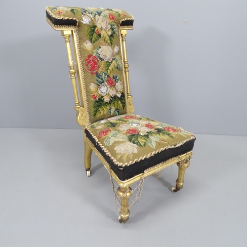 2218 - A 19th century giltwood French prayer chair with tapestry upholstery, height 90cm