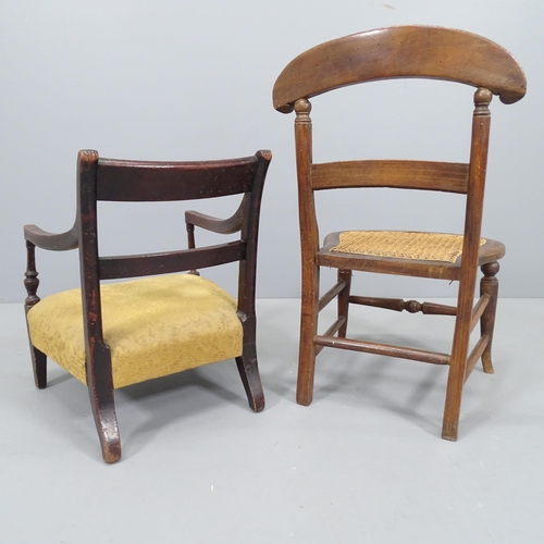 2222 - A child's mahogany cane seated chair, height 60cm, and another child's chair. (2)