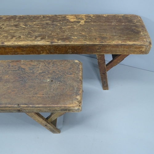 2229 - Two similar early 20th century elm folding benches. Tallest 183x44x25cm.