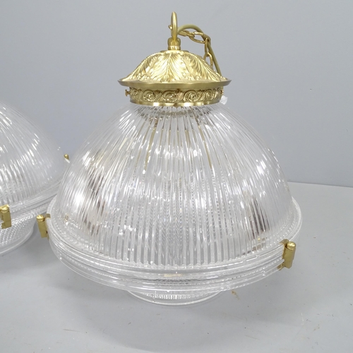 2233 - A pair of modern pendant light fittings in the manner of Holophane, with ribbed glass shades. Shade ... 