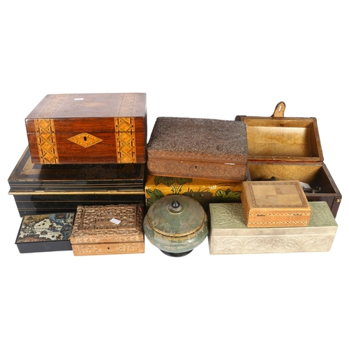 491 - 2 Eastern carved wood boxes, 4 others, a cash tin, and another, and a leather-covered box with keys