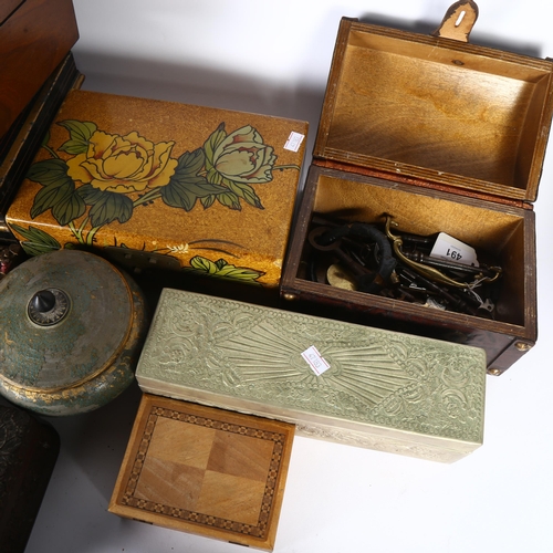 491 - 2 Eastern carved wood boxes, 4 others, a cash tin, and another, and a leather-covered box with keys