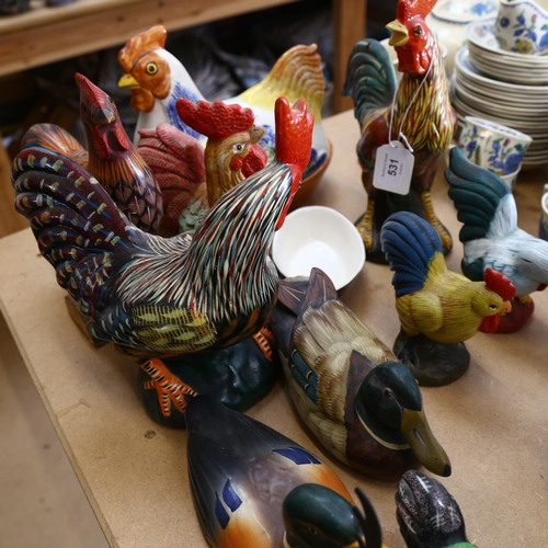 531 - Various cockerel and hen ornaments, a chicken egg container etc