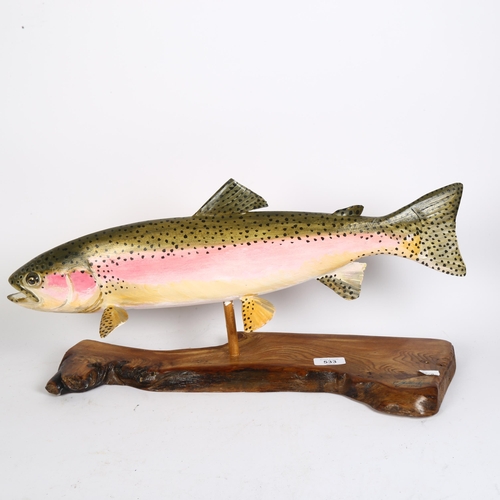 533 - Clive Fredriksson, a carved and painted wood sculpture of a salmon, on wooden plinth, L55cm