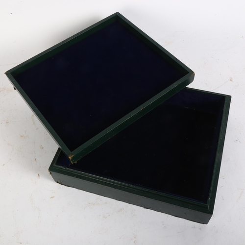 567 - A green leather-bound jewel box, with floral enamel inset panel, 22cm x 19cm