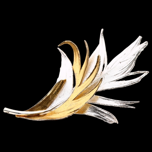 1001 - FLORA DANICA - a large Danish silver and silver-gilt feather design brooch, H74.4mm