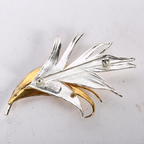 1001 - FLORA DANICA - a large Danish silver and silver-gilt feather design brooch, H74.4mm