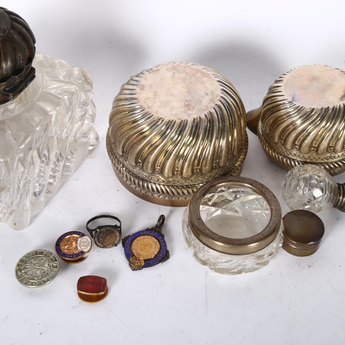 1018 - A large cut-glass inkwell with silver lid (A/F), a silver-mounted salt, a silver fob, and a silver s... 