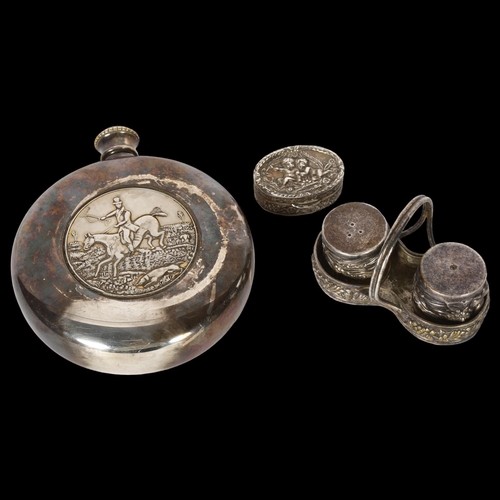 1019 - A small oval cherub embossed silver pill pot, a silver plated hunting hip flask, and a miniature sil... 