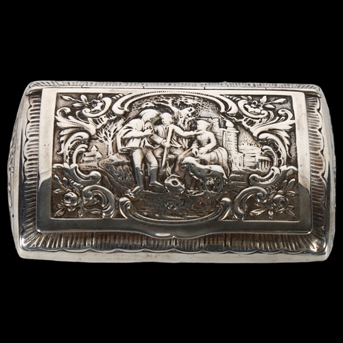 1027 - A Continental silver cushion-shaped snuffbox, with relief embossed decoration, L9.5cm