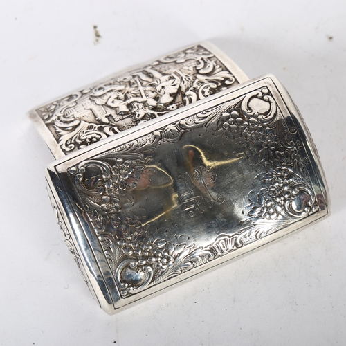 1027 - A Continental silver cushion-shaped snuffbox, with relief embossed decoration, L9.5cm