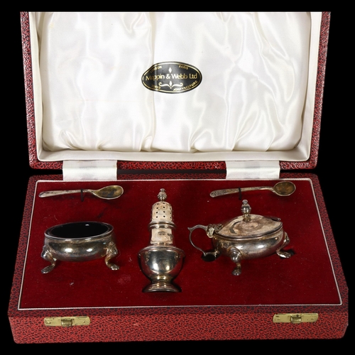 1029 - MAPPIN & WEBB - an Elizabeth II silver 3-piece cruet set, with spoons, in original fitted case