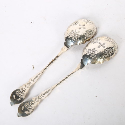 1035 - A pair of late Victorian silver tablespoons, with allover relief embossed decoration, hallmarks for ... 