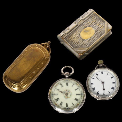 1036 - 2 engraved Continental silver fob watches, brass-cased double sovereign case, and a plated combinati... 