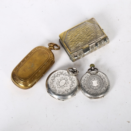 1036 - 2 engraved Continental silver fob watches, brass-cased double sovereign case, and a plated combinati... 