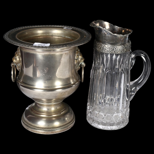 905 - A silver plated Champagne bucket, with lion mask ring handles, H25cm, and a moulded glass and silver... 