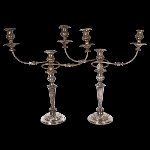 908 - A large pair of silver plate on copper 2-branch candelabras (1 sconce missing), H49cm