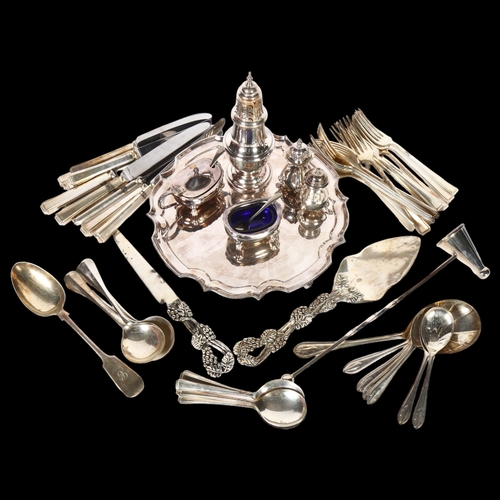 911 - HARRODS LONDON - a silver plated salver on 3 cast feet, a silver plate on copper sugar caster also r... 