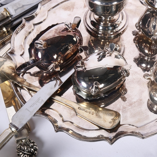 911 - HARRODS LONDON - a silver plated salver on 3 cast feet, a silver plate on copper sugar caster also r... 