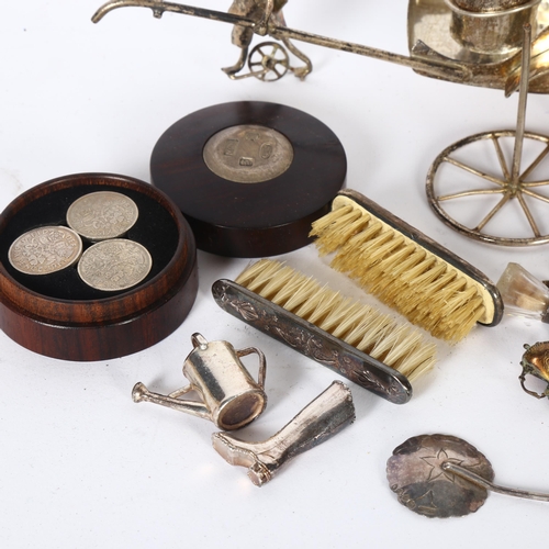 917 - A group of silver and plated items, including a silver matchbox cover, a hardwood and silver-mounted... 