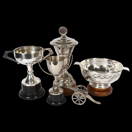 919 - 3 silver plated presentation trophies, tallest 32cm, a fruit bowl on stand, and a table cannon paper... 