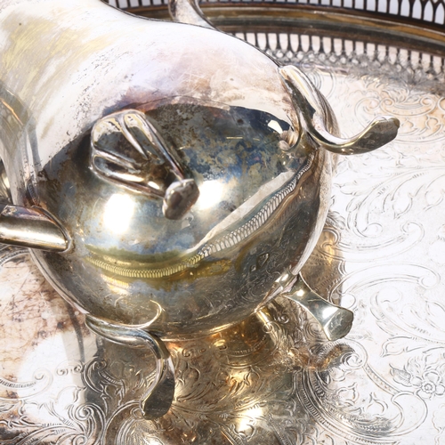 920 - A silver plated 3-piece tea set, together with an oval galleried 2-handled serving tray