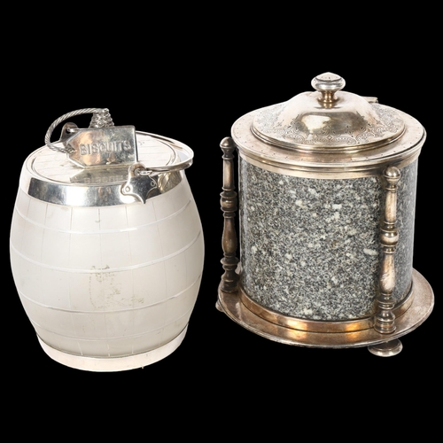 928 - A Victorian granite and electroplate biscuit barrel, height 20cm, and an etched glass and electropla... 