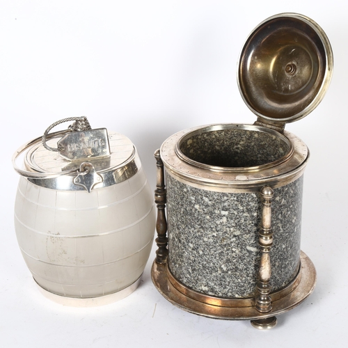 928 - A Victorian granite and electroplate biscuit barrel, height 20cm, and an etched glass and electropla... 