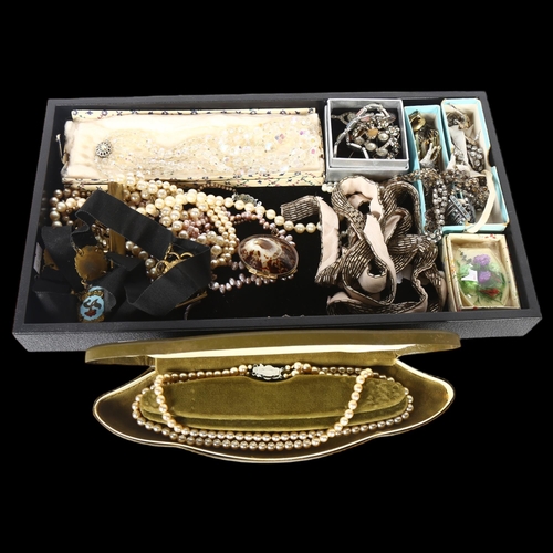 933 - A tray of Vintage costume jewellery, including a Ledley 2-strand pearl necklace, an enamel panel bra... 